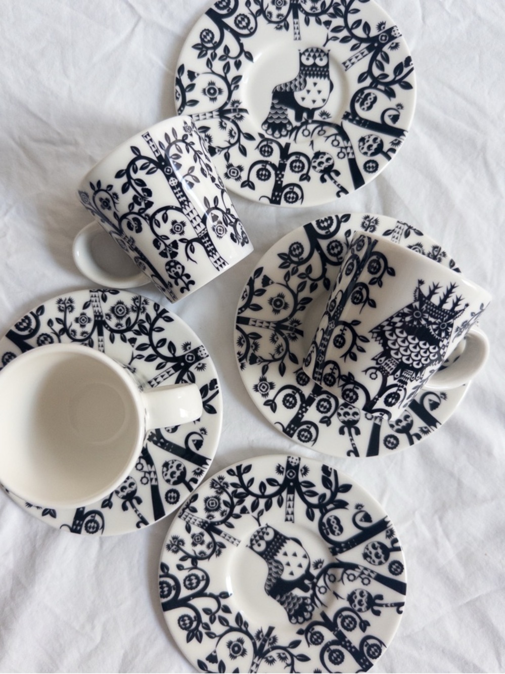 Iittala Taika Owl Espresso Cups and Saucers, set of Four